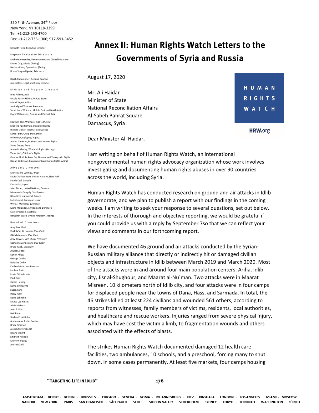 Annex II: Human Rights Watch Letters to the Governments of Syria and Russia