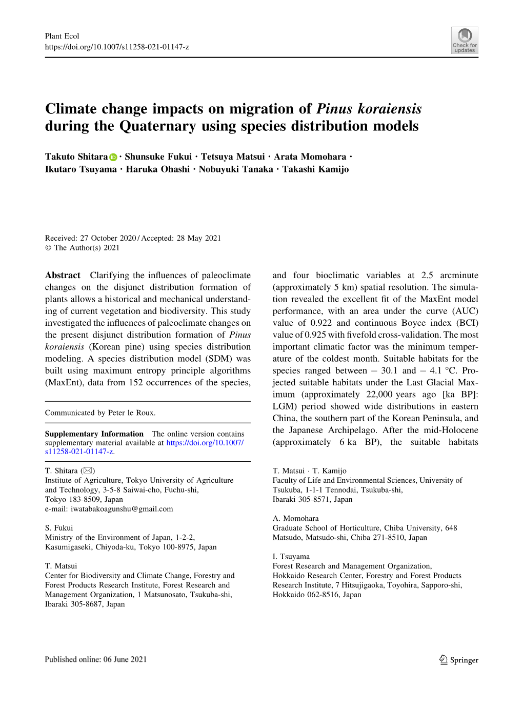 Climate Change Impacts on Migration of Pinus Koraiensis During the Quaternary Using Species Distribution Models