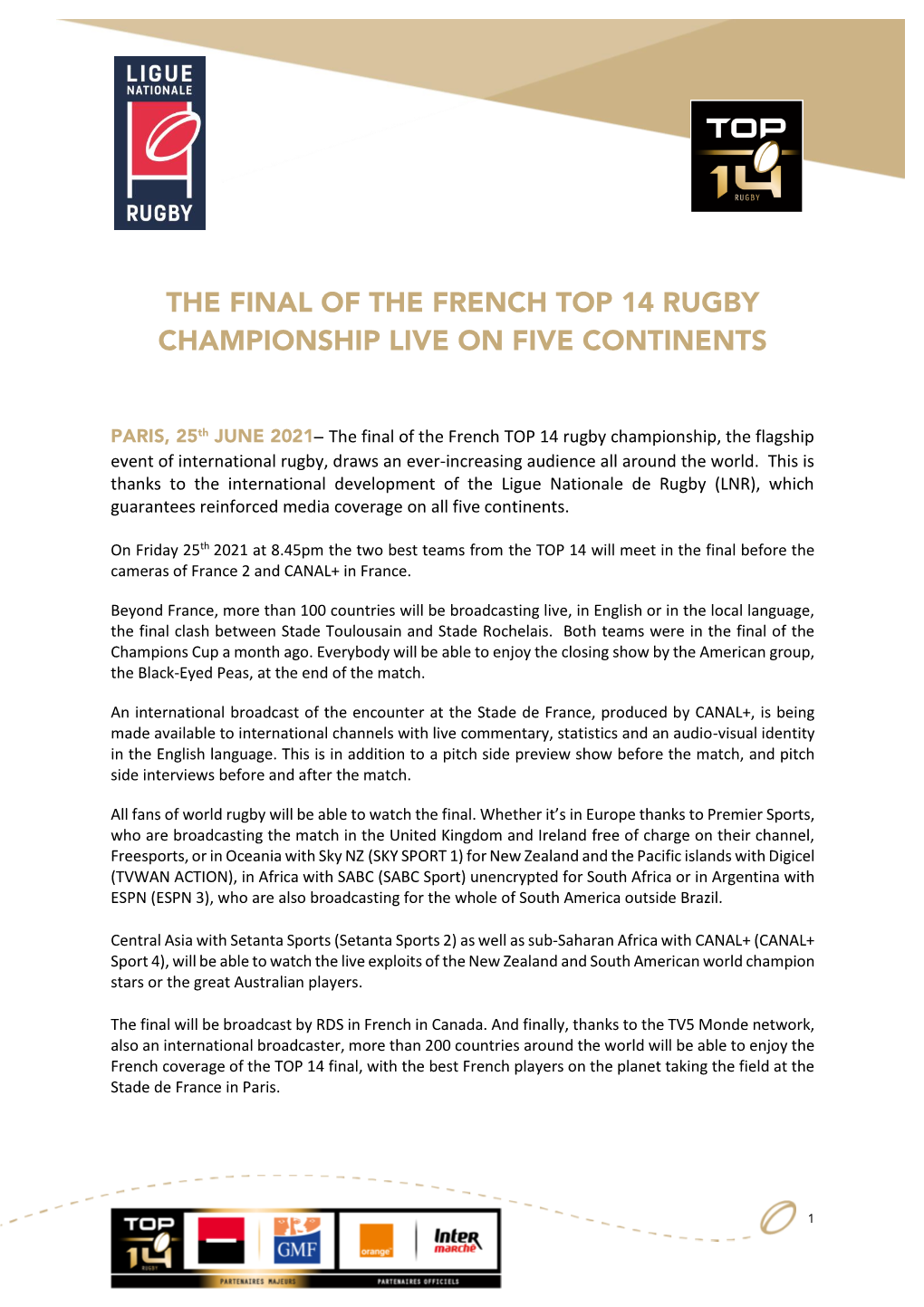 The Final of the French Top 14 Rugby Championship Live on Five Continents