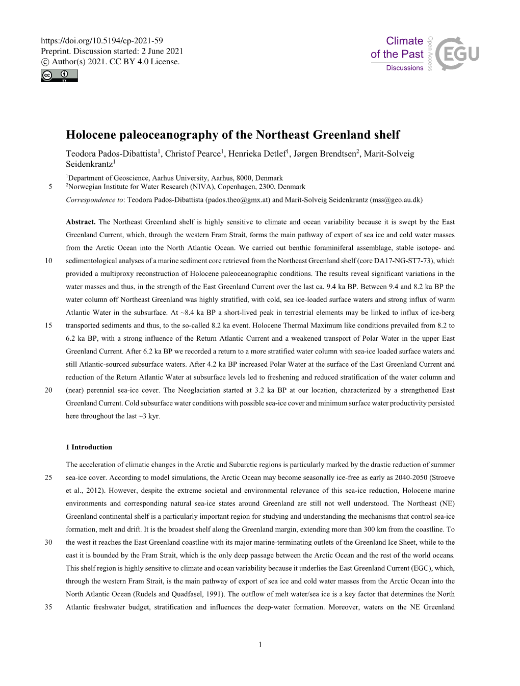 Holocene Paleoceanography of the Northeast Greenland Shelf