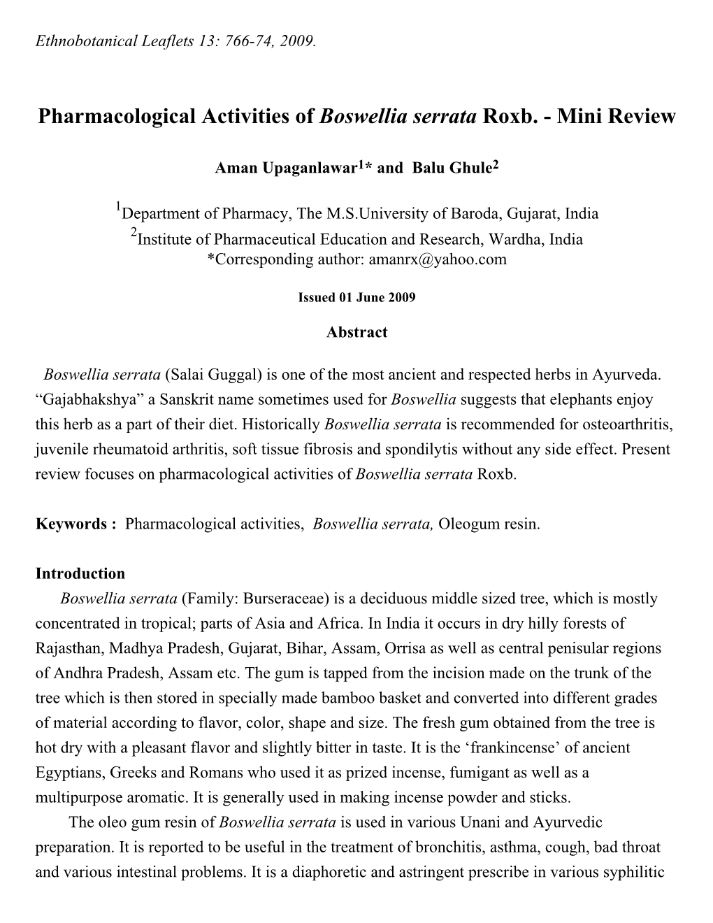 Pharmacological Activities of Boswellia Serrata Roxb. - Mini Review