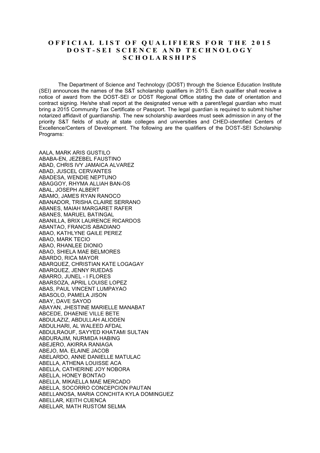 Official List of Qualifiers for the 2015 Dost-Sei Science