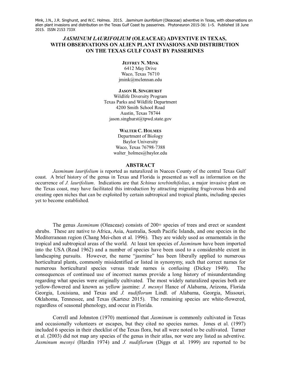 Jasminum Laurifolium (Oleaceae) Adventive in Texas, with Observations on Alien Plant Invasions and Distribution on the Texas Gulf Coast by Passerines