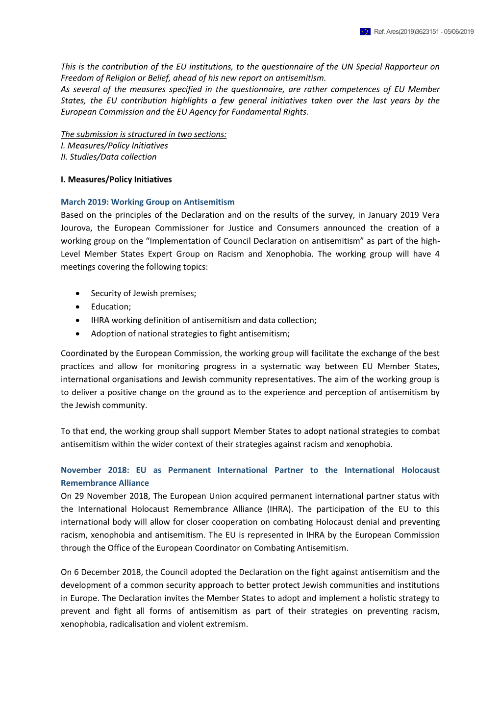 This Is the Contribution of the EU Institutions, to the Questionnaire of the UN Special Rapporteur on Freedom of Religion Or