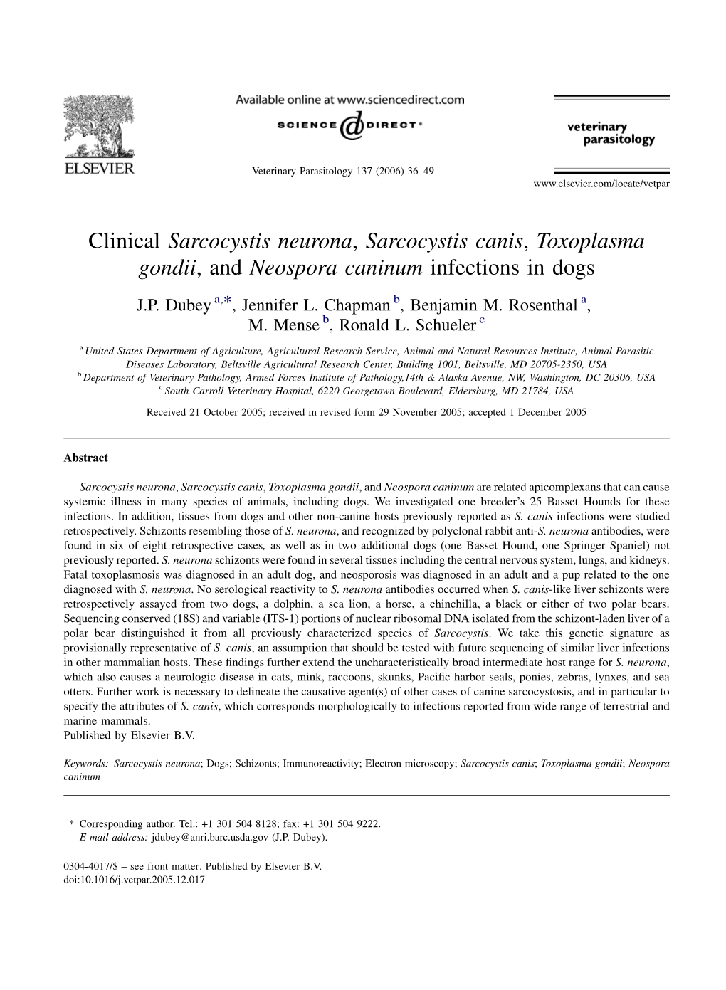 Clinical Sarcocystis Neurona, Sarcocystis Canis, Toxoplasma Gondii, and Neospora Caninum Infections in Dogs