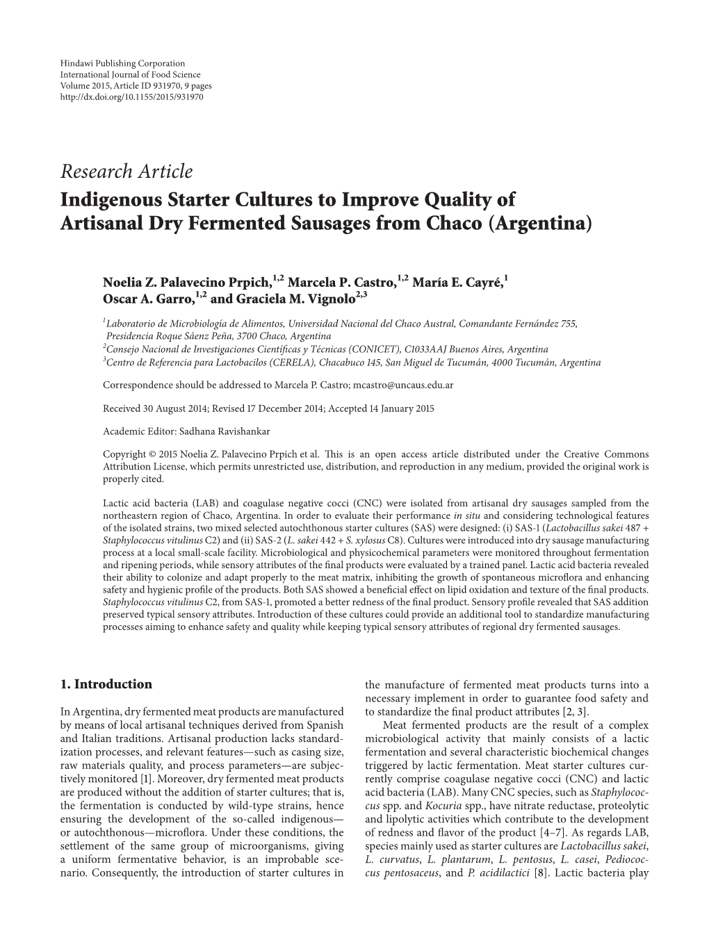 Research Article Indigenous Starter Cultures to Improve Quality of Artisanal Dry Fermented Sausages from Chaco (Argentina)