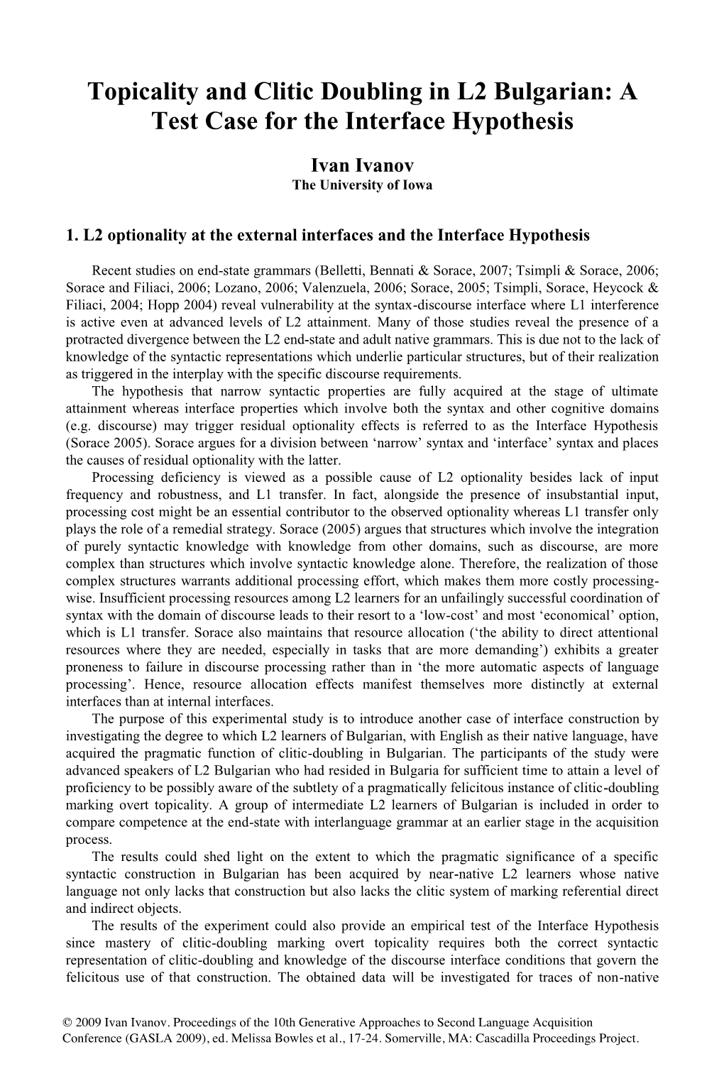 Topicality and Clitic Doubling in L2 Bulgarian: a Test Case for the Interface Hypothesis