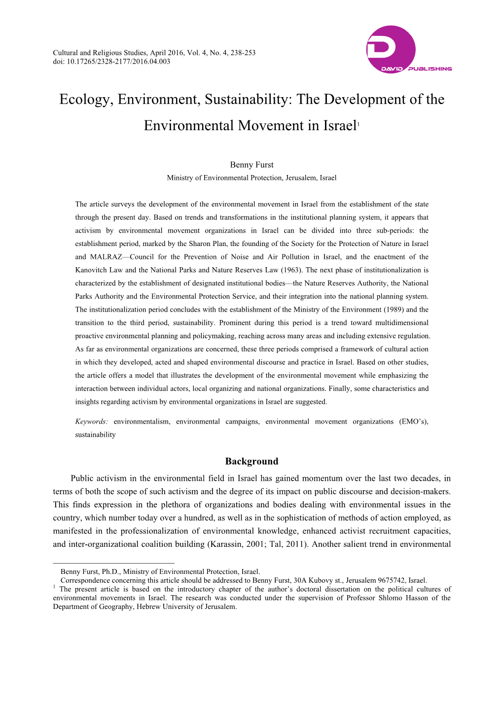 Ecology, Environment, Sustainability: the Development of the Environmental Movement in Israel1