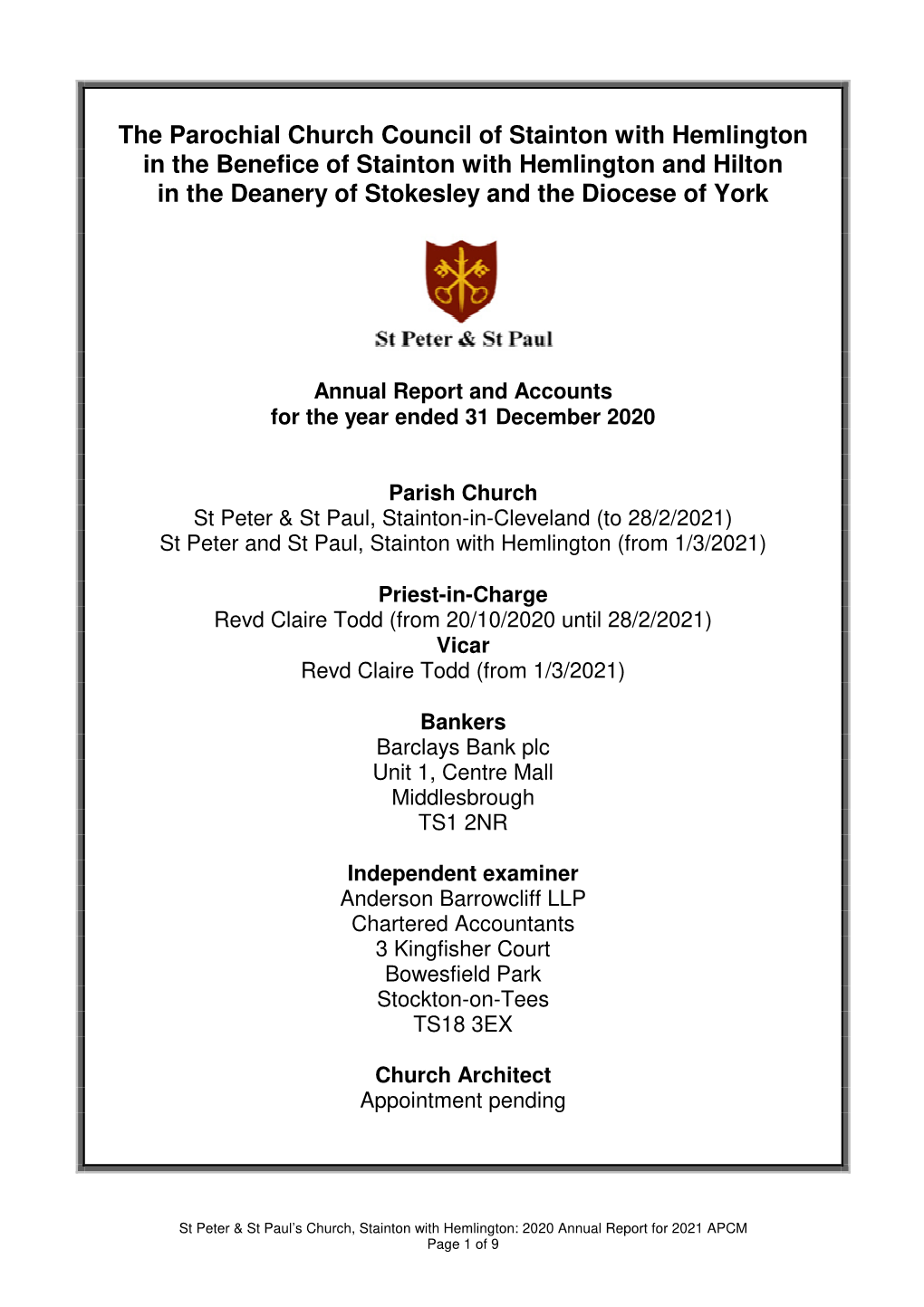 The Parochial Church Council of Stainton with Hemlington in the Benefice of Stainton with Hemlington and Hilton in the Deanery of Stokesley and the Diocese of York