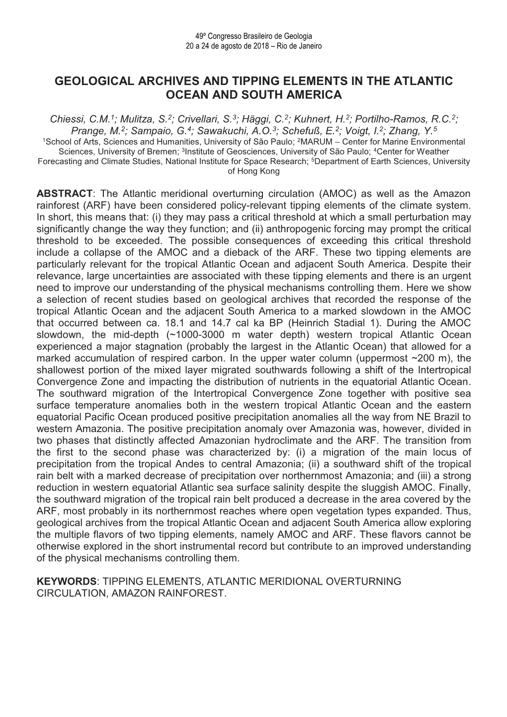 Geological Archives and Tipping Elements in the Atlantic Ocean and South America