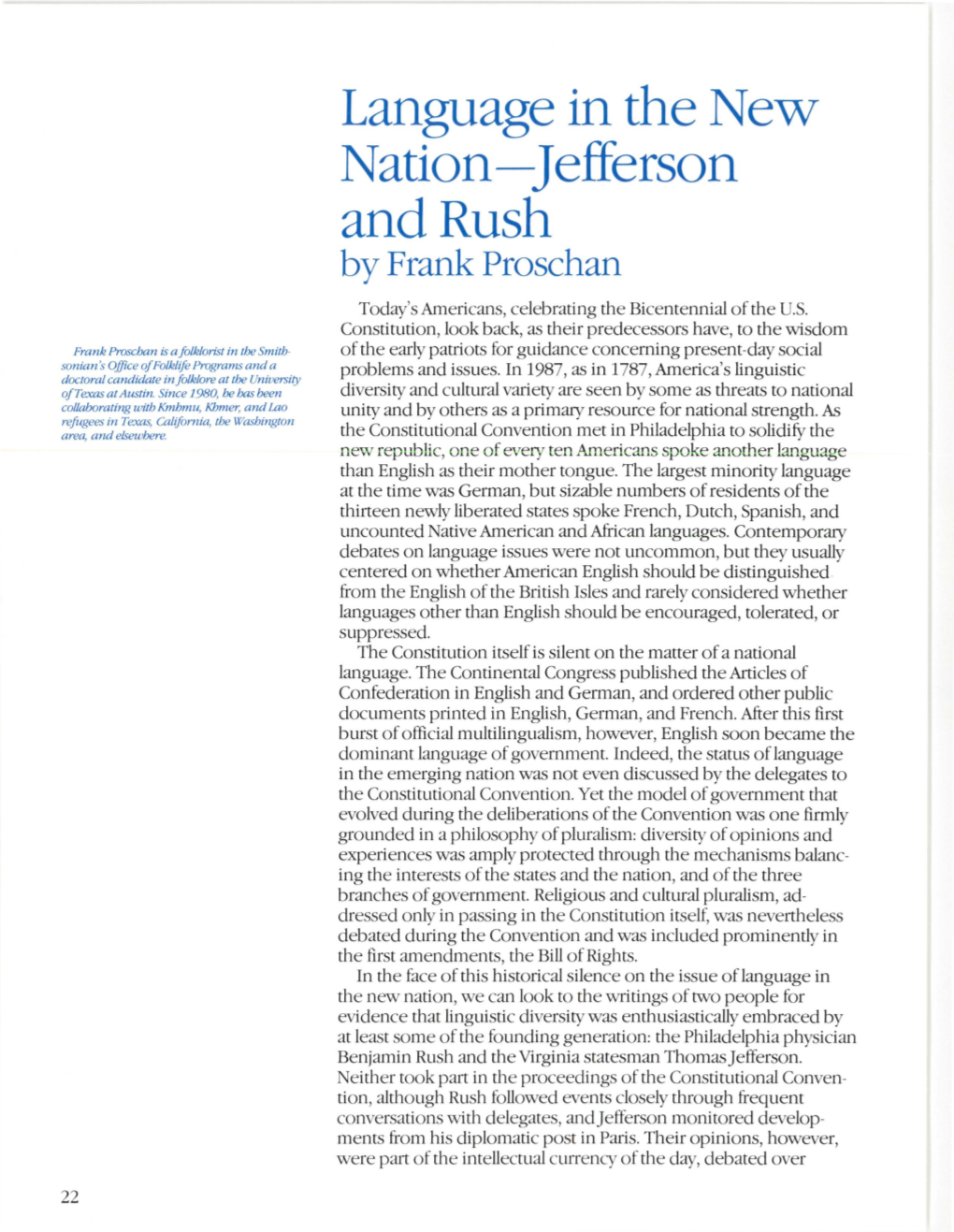 Language in the New Nation-Jefferson and Rush by Frank Proschan Today's Americans, Celebrating the Bicentennial of the U.S