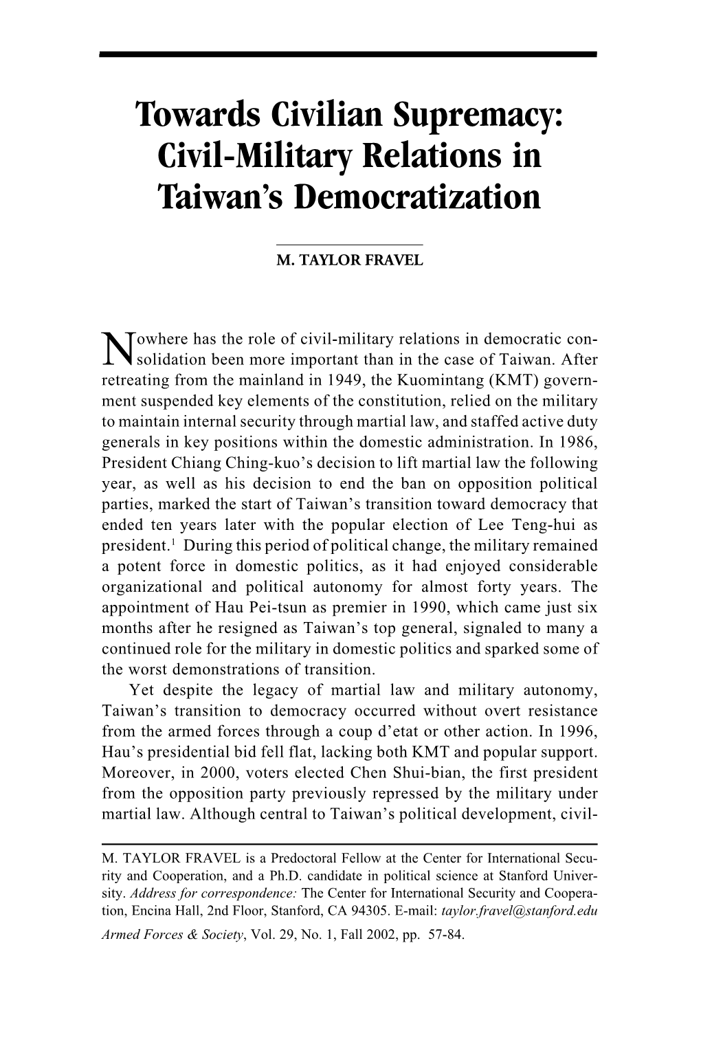 Civil-Military Relations in Taiwan's Democratization