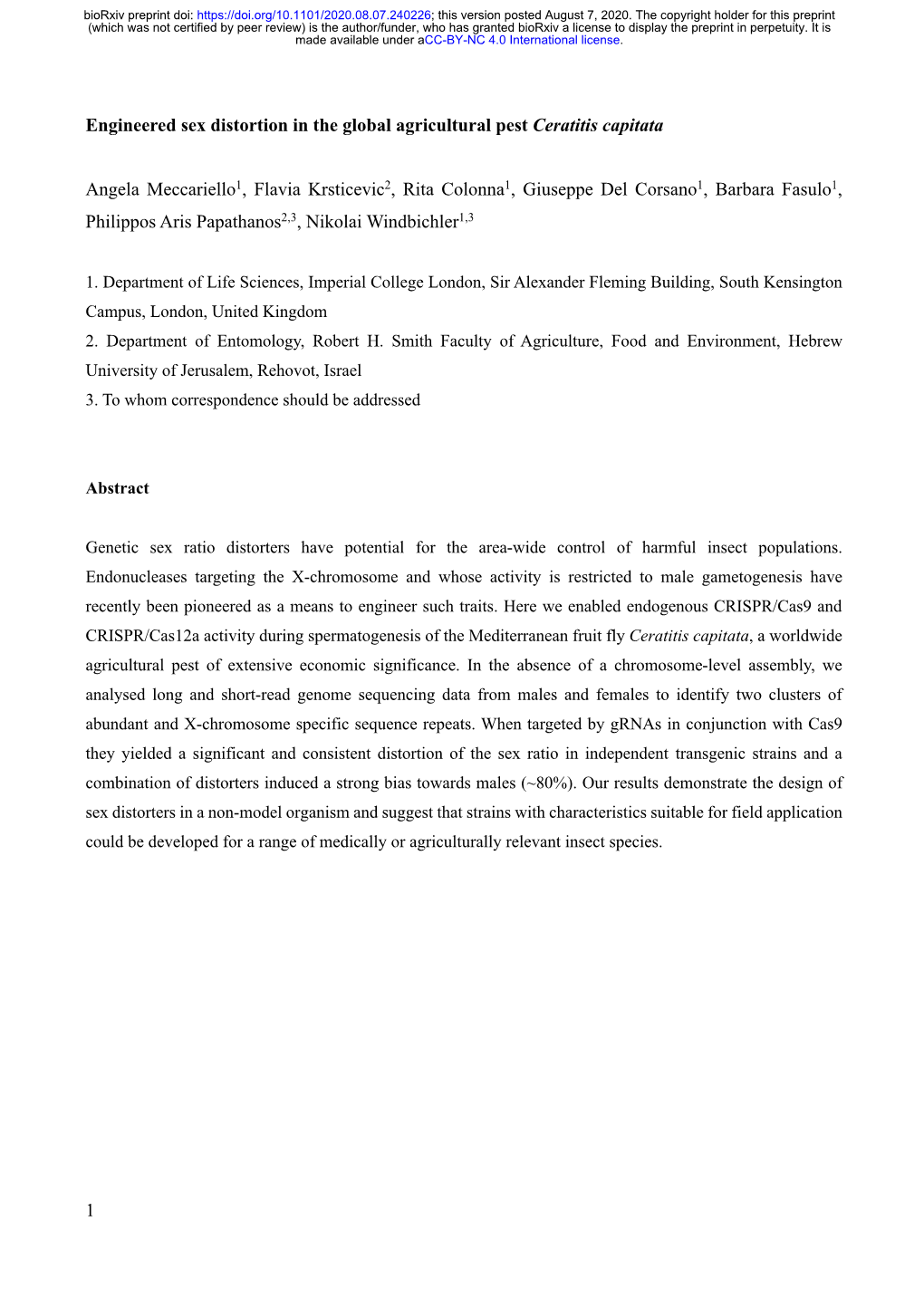 Engineered Sex Distortion in the Global Agricultural Pest Ceratitis Capitata