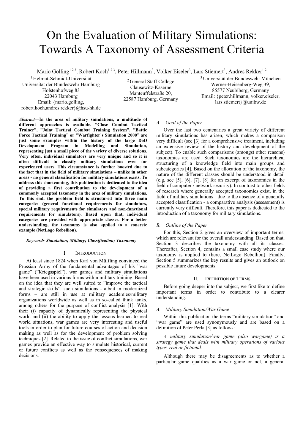 On the Evaluation of Military Simulations: Towards a Taxonomy of Assessment Criteria