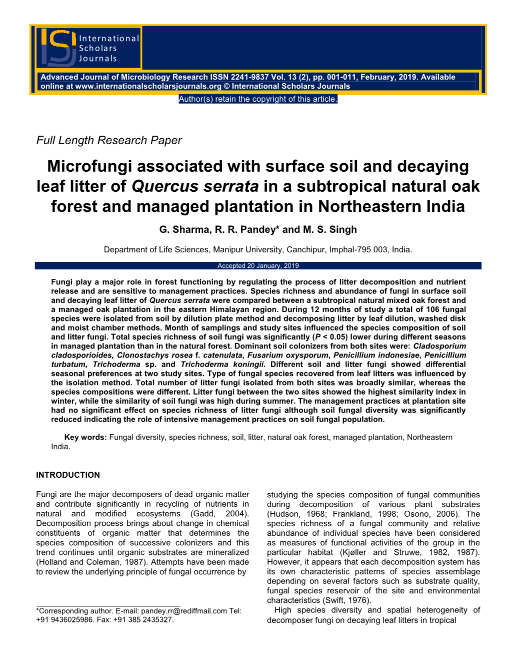 Microfungi Associated with Surface Soil and Decaying Leaf Litter of Quercus Serrata in a Subtropical Natural Oak