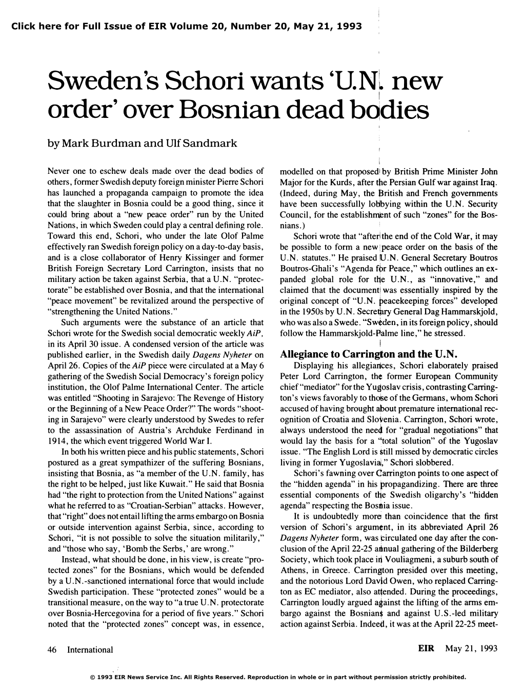 Sweden's Schori Wants 'UN New Order' Over Bosnian Dead Bodies