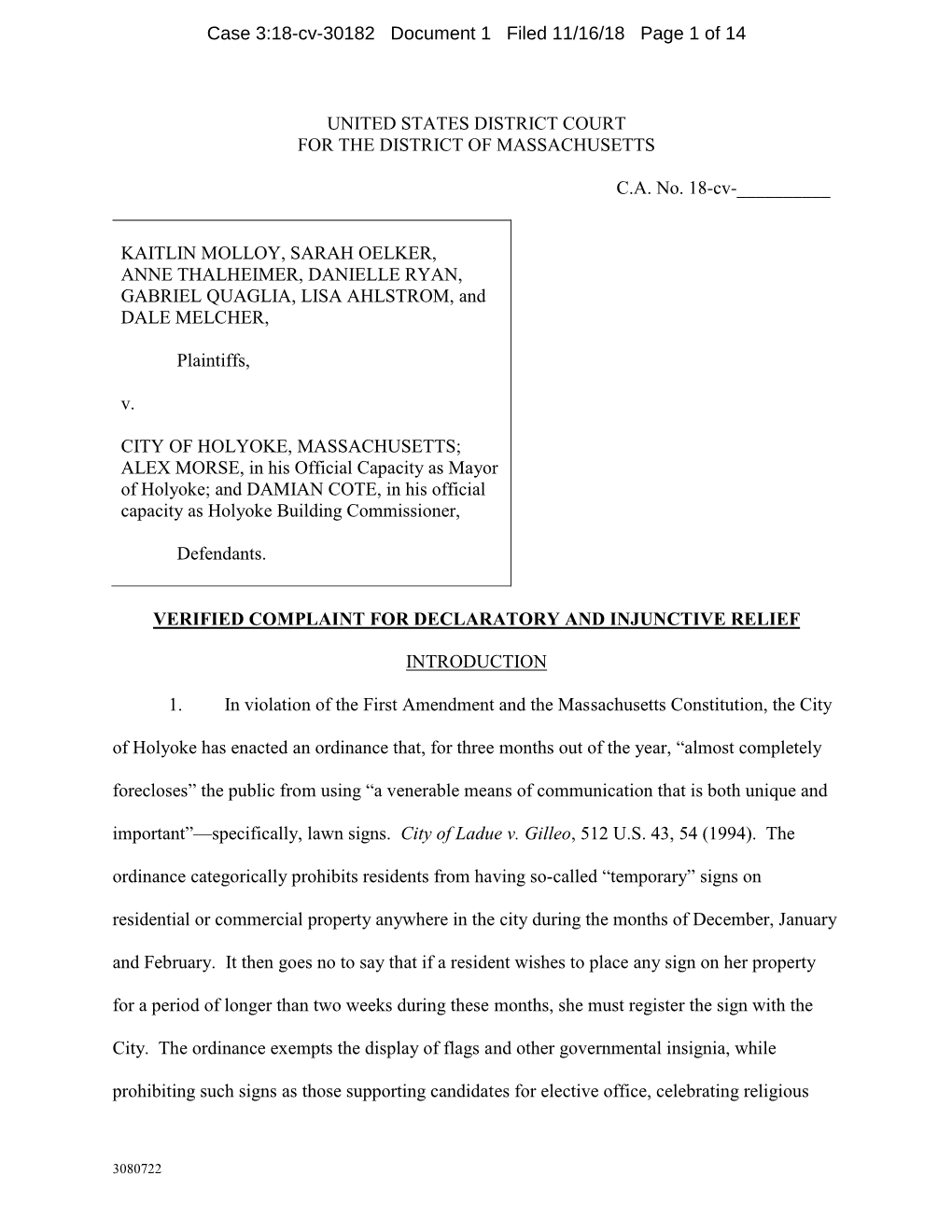 Case 3:18-Cv-30182 Document 1 Filed 11/16/18 Page 1 of 14