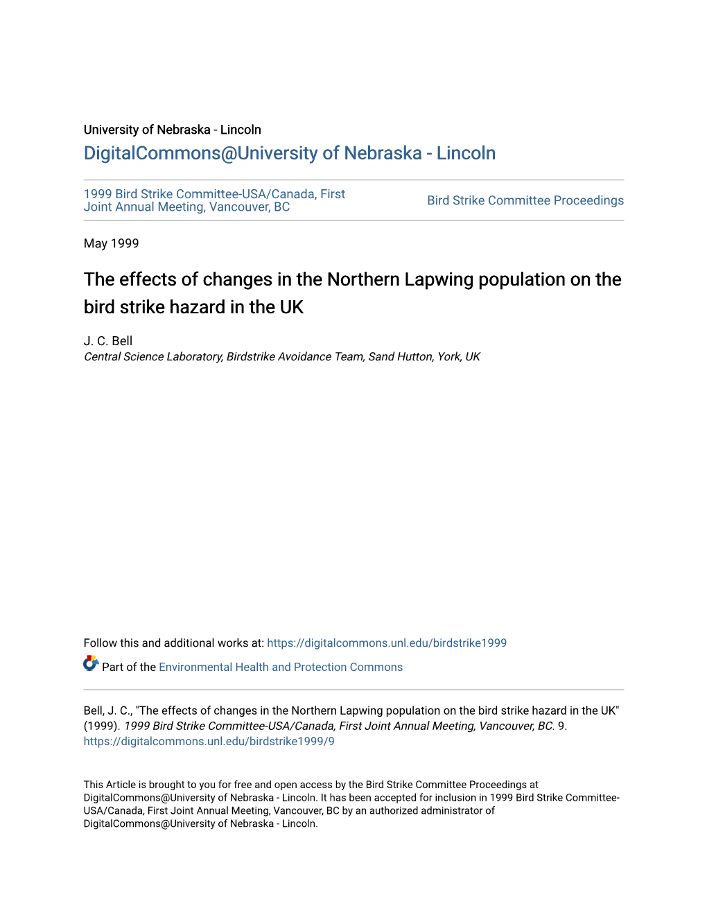 The Effects of Changes in the Northern Lapwing Population on the Bird Strike Hazard in the UK