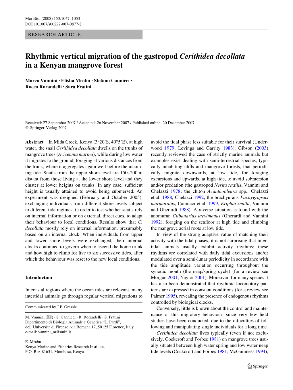 Rhythmic Vertical Migration of the Gastropod Cerithidea Decollata in a Kenyan Mangrove Forest