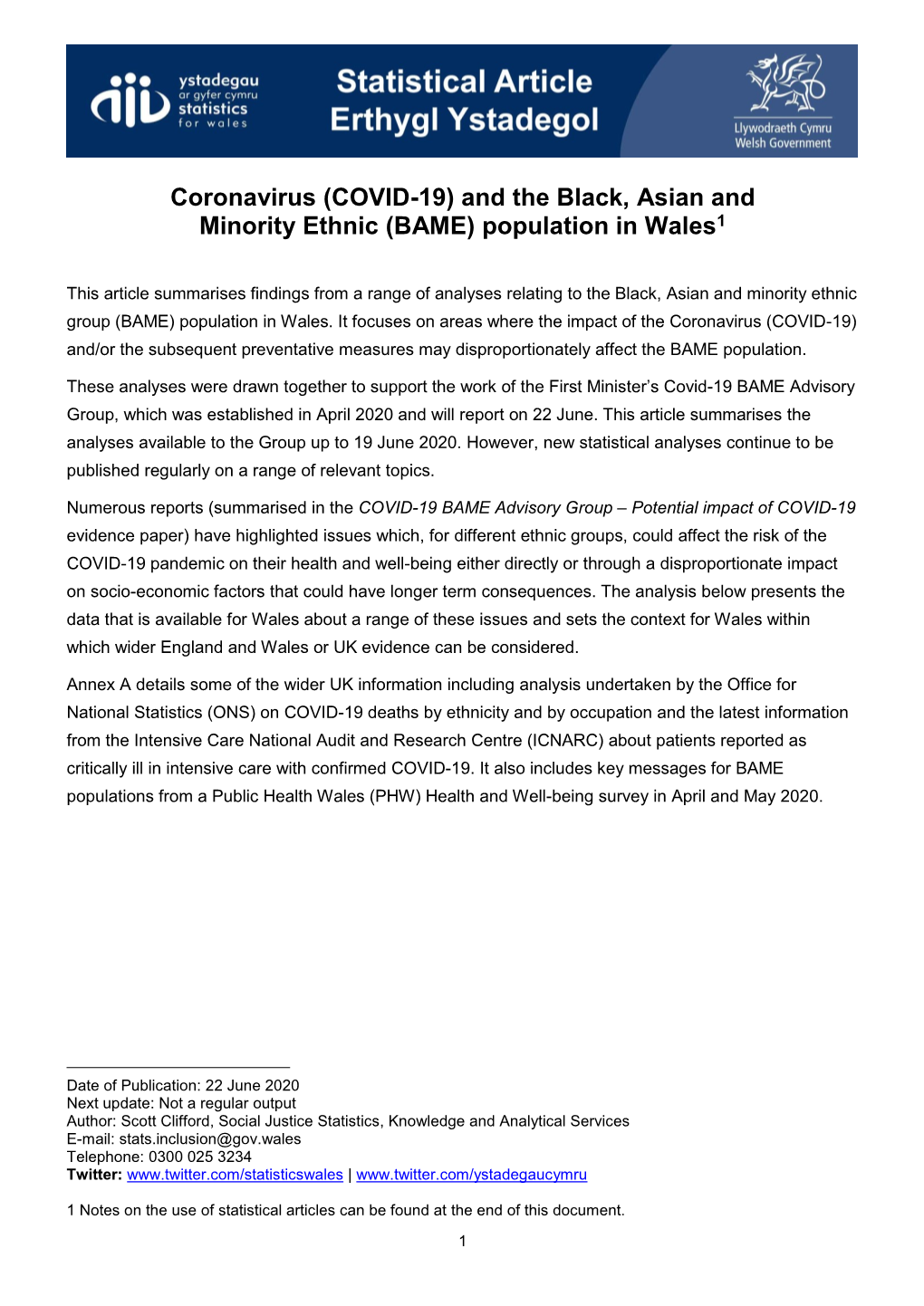 Coronavirus (COVID-19) and the Black, Asian and Minority Ethnic (BAME) Population in Wales1