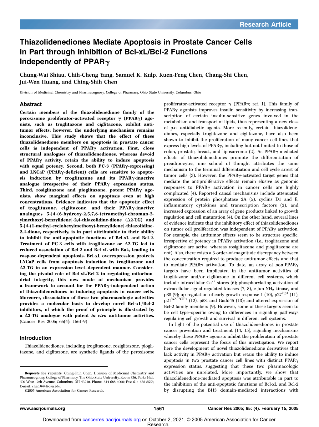 Thiazolidenediones Mediate Apoptosis in Prostate Cancer Cells in Part Through Inhibition of Bcl-Xl/Bcl-2 Functions Independently of PPAR;