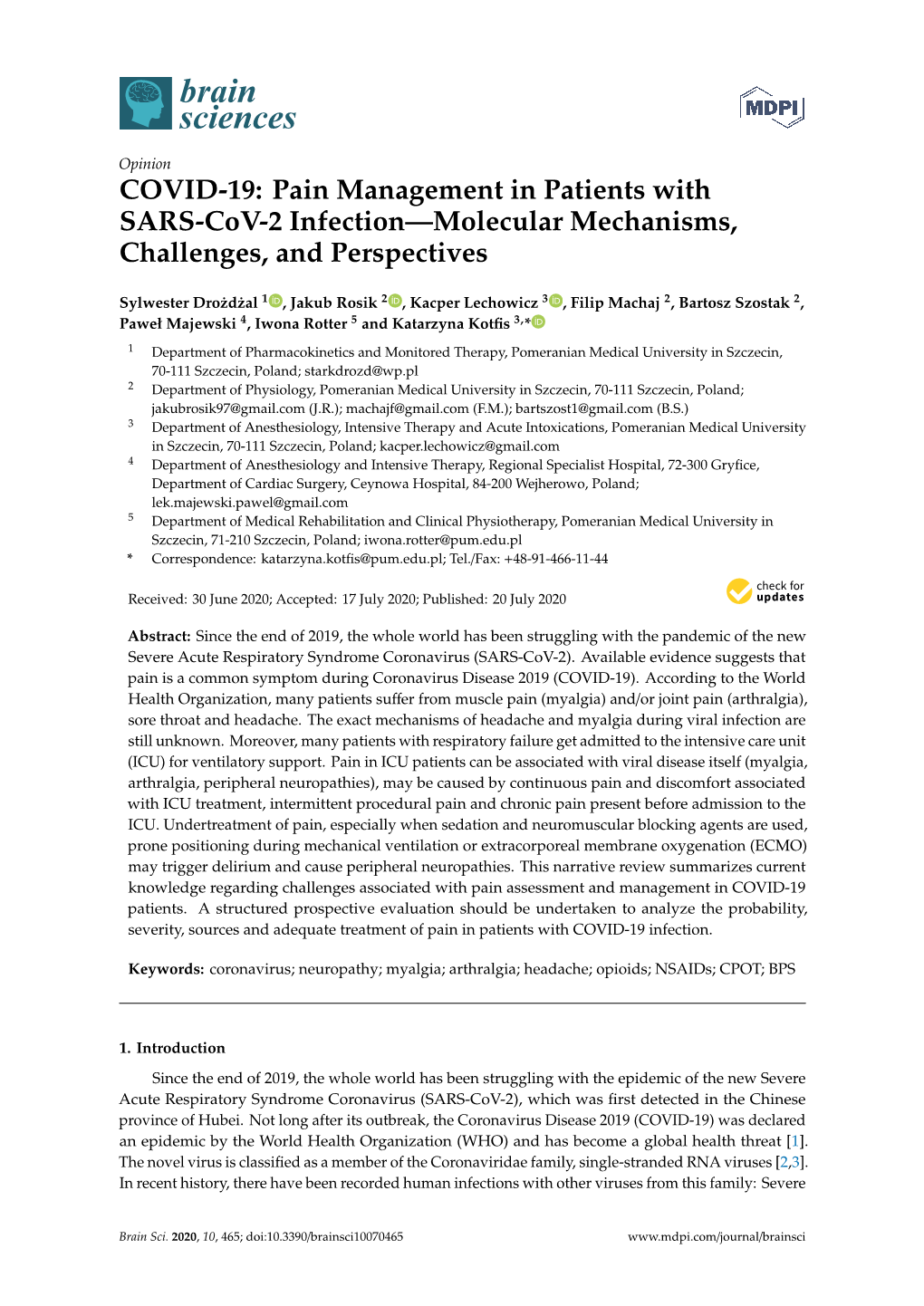 COVID-19: Pain Management in Patients with SARS-Cov-2 Infection—Molecular Mechanisms, Challenges, and Perspectives