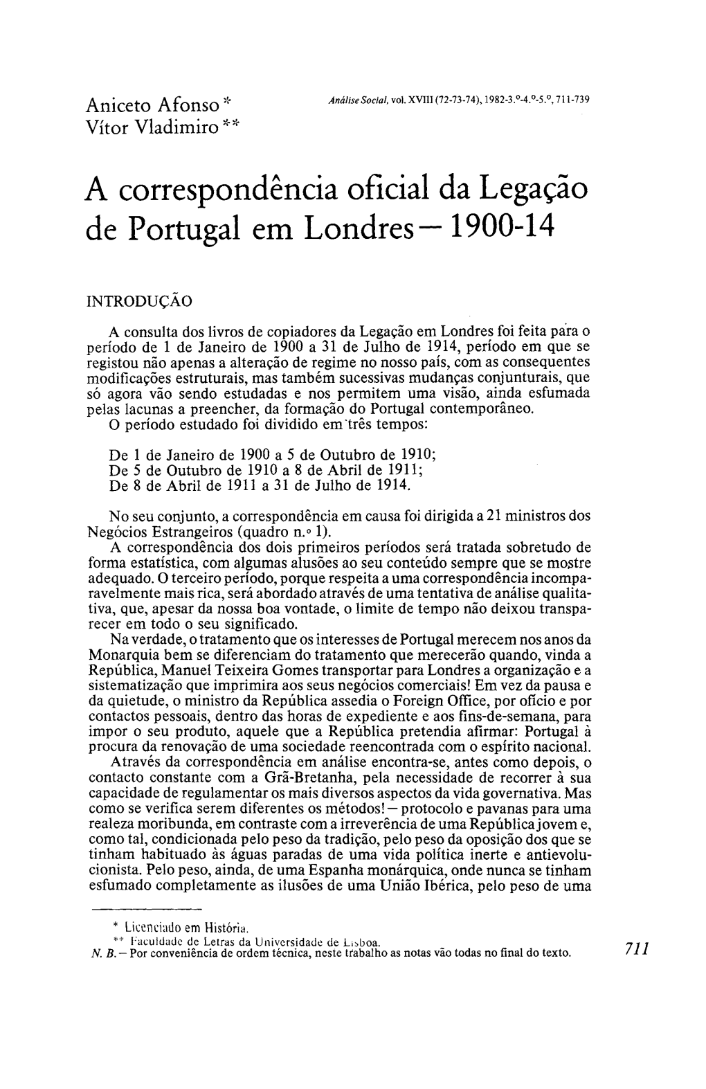 A Correspondência Oficial Da Legação De Portugal Em Londres— 1900-14