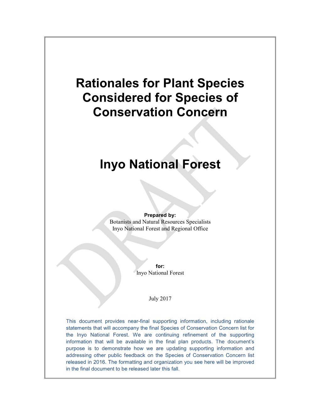 Rationales for Plant Species Considered for Species of Conservation Concern Inyo National Forest