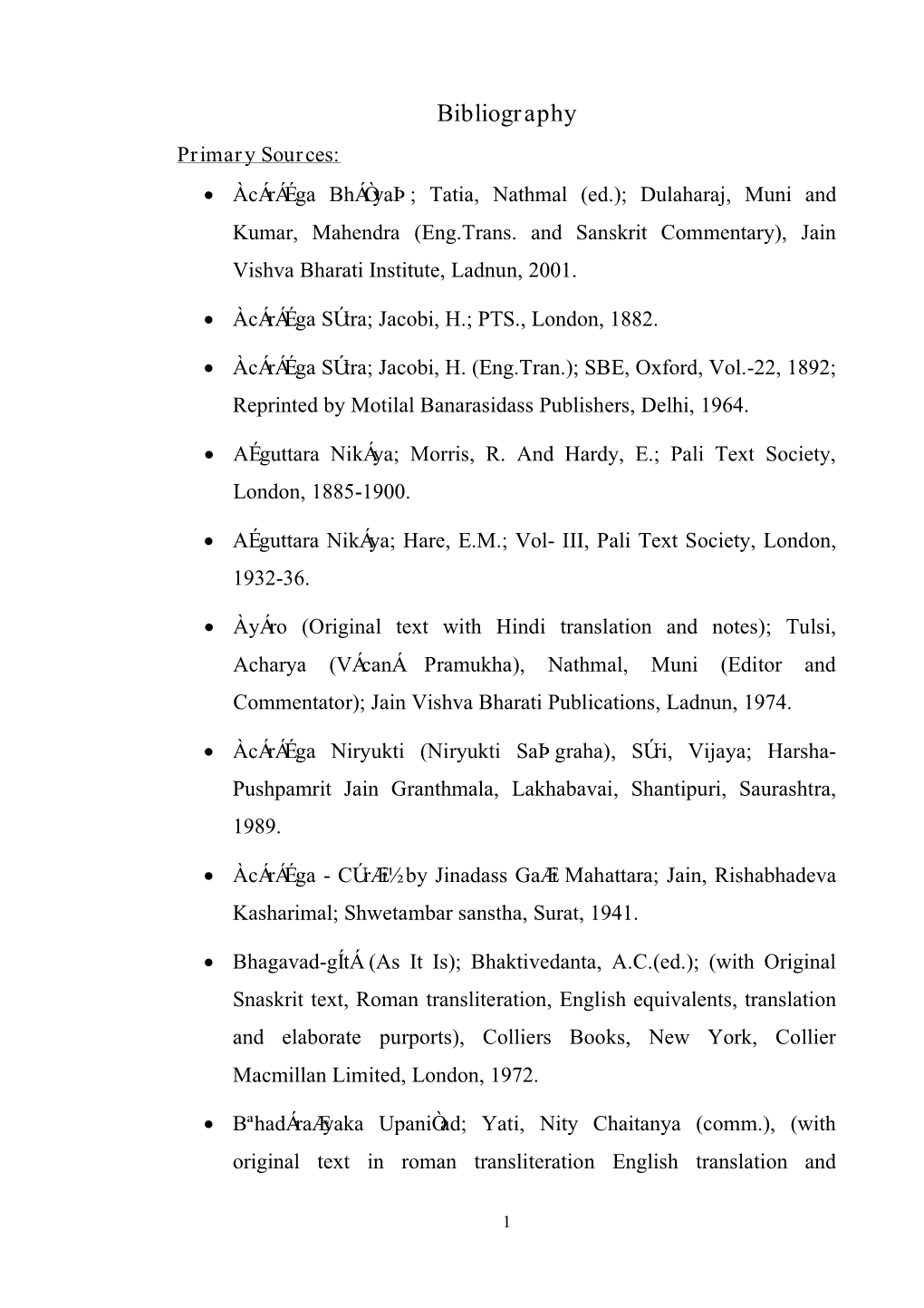 Bibliography Primary Sources:  Àcáráéga Bháòyaþ; Tatia, Nathmal (Ed.); Dulaharaj, Muni and Kumar, Mahendra (Eng.Trans