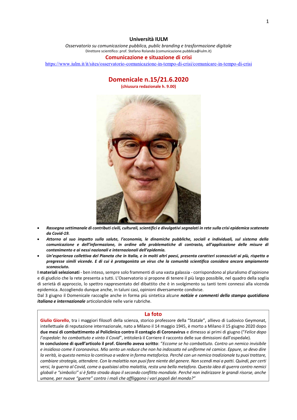 Domenicale N.15/21.6.2020 (Chiusura Redazionale H