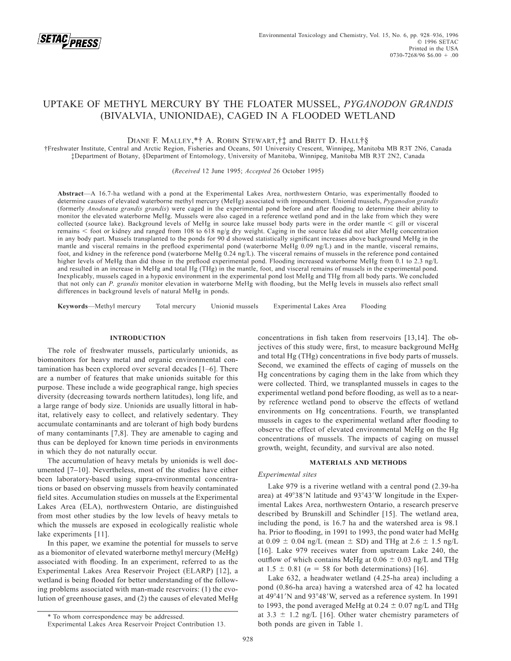 Uptake of Methyl Mercury by the Floater Mussel, Pyganodon Grandis (Bivalvia, Unionidae), Caged in a Flooded Wetland