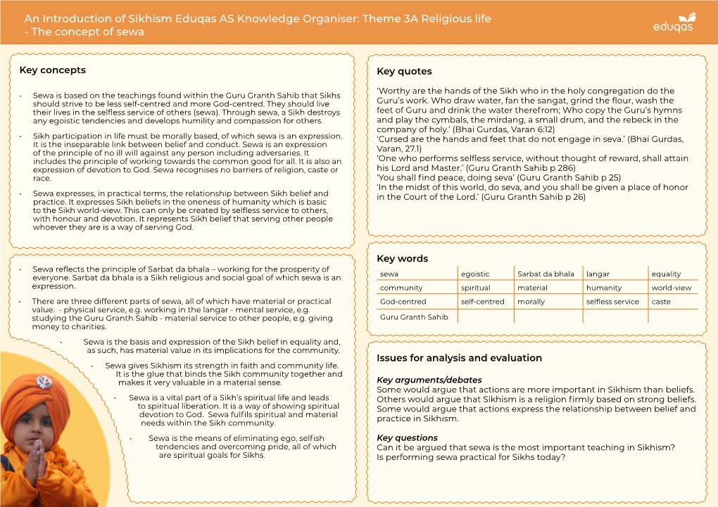 An Introduction of Sikhism Eduqas AS Knowledge Organiser: Theme 3A Religious Life - the Concept of Sewa