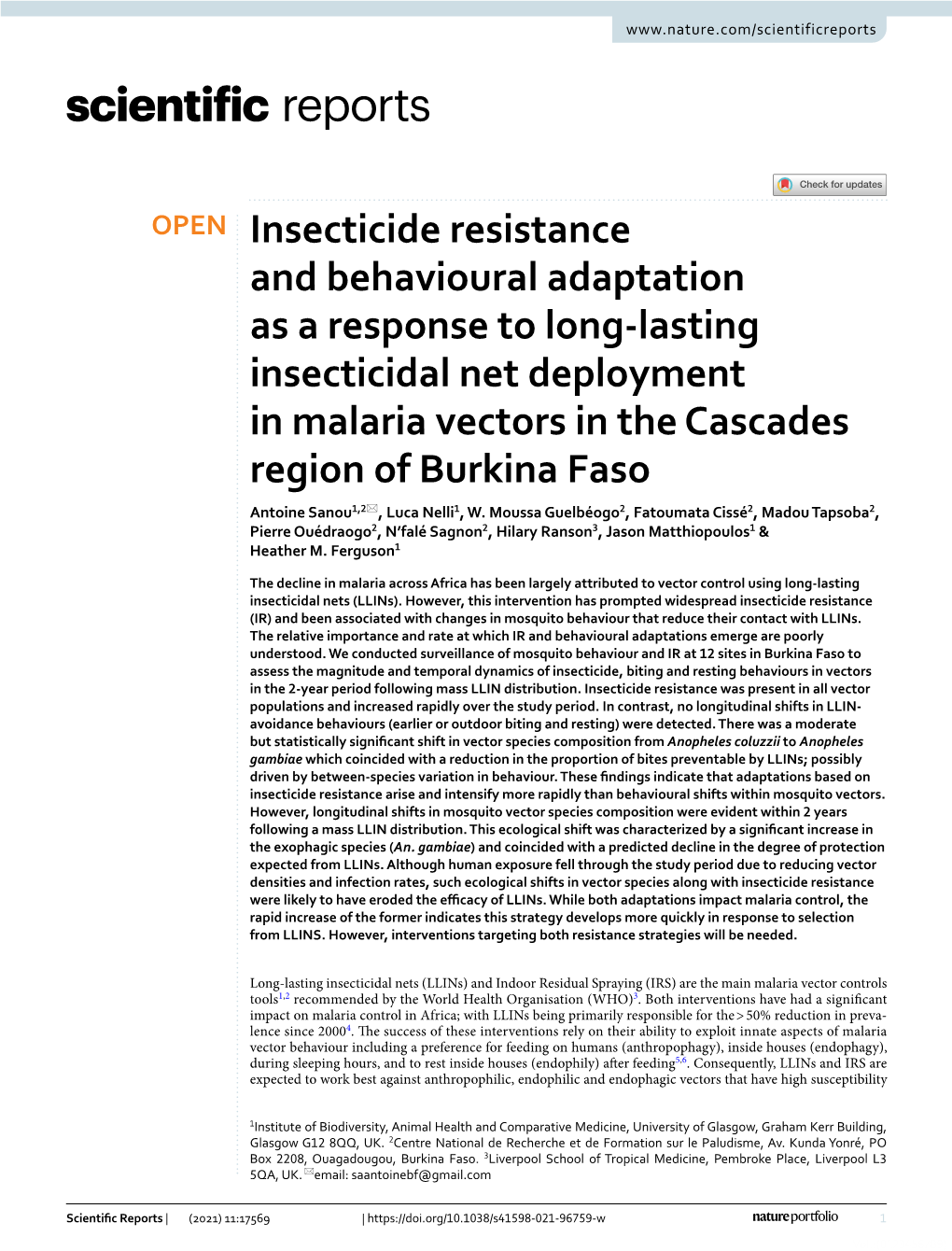 Insecticide Resistance and Behavioural Adaptation As a Response to Long