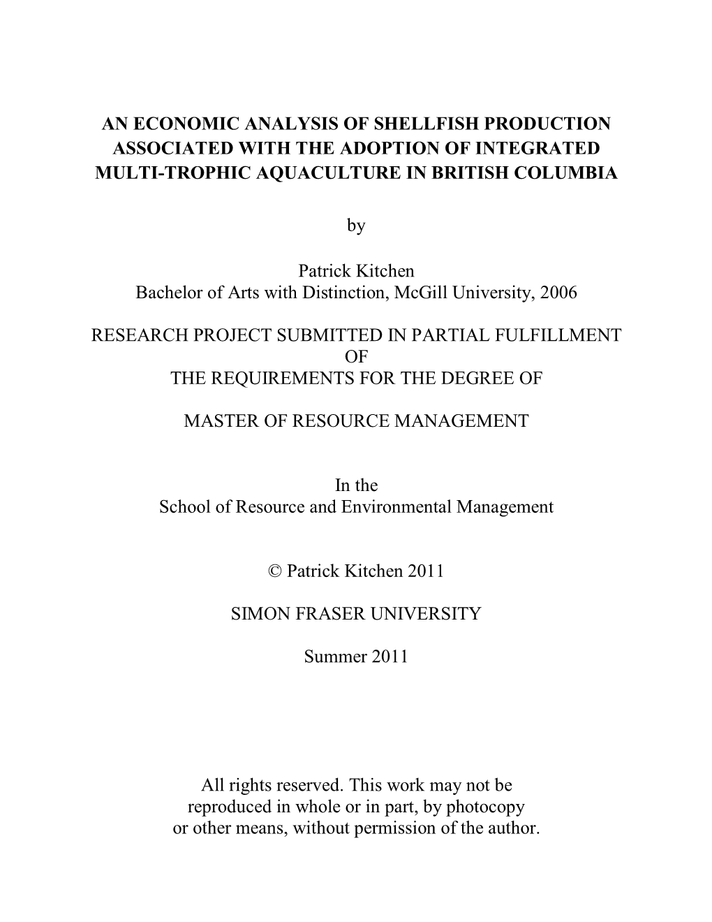 An Economic Analysis of Shellfish Production Associated with the Adoption of Integrated Multi-Trophic Aquaculture in British Columbia