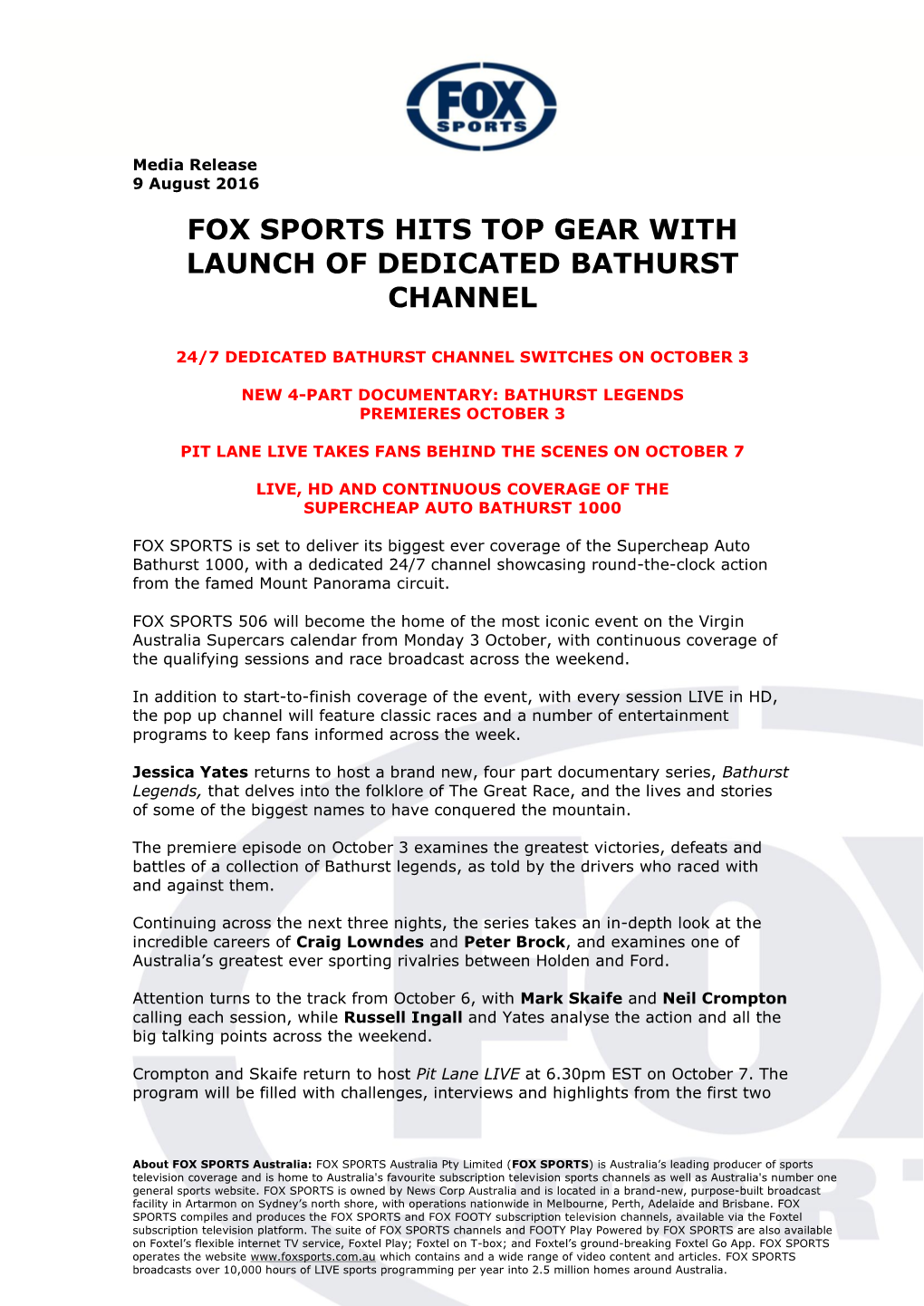 Fox Sports Hits Top Gear with Launch of Dedicated Bathurst Channel