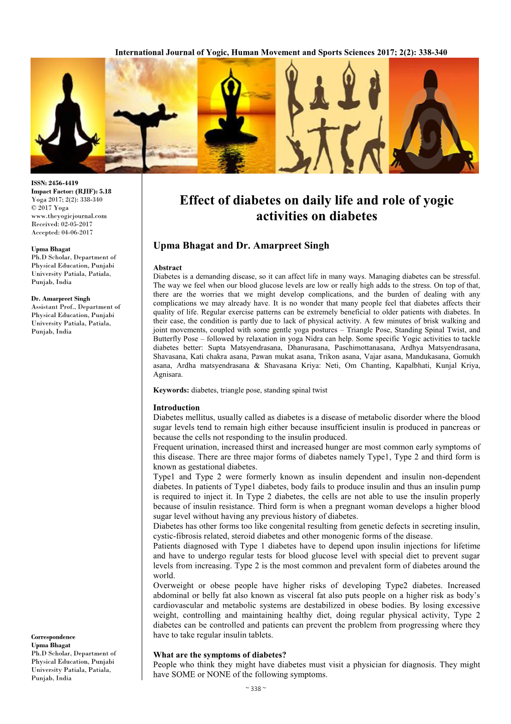 Effect of Diabetes on Daily Life and Role of Yogic Activities on Diabetes