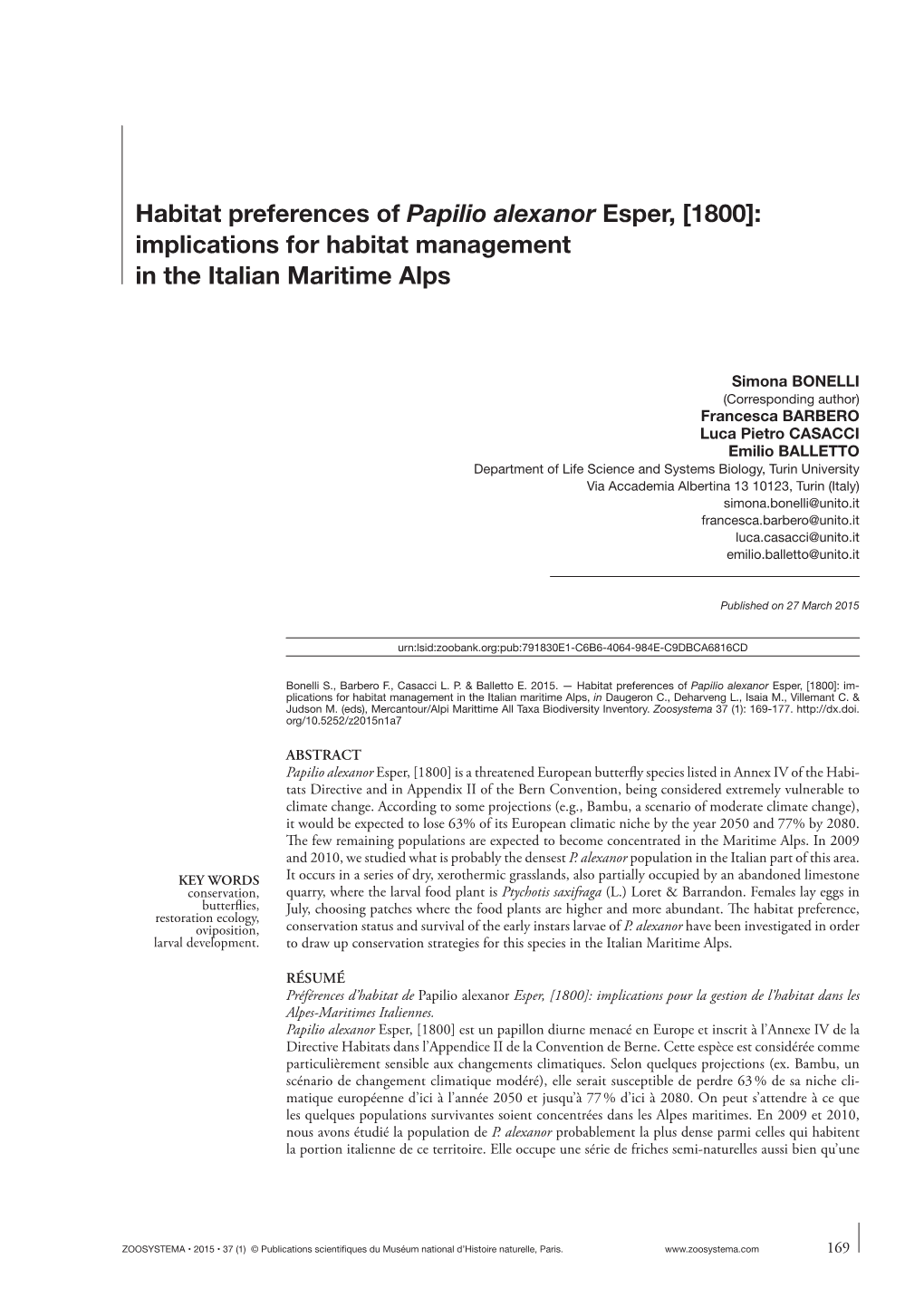 Habitat Preferences of Papilio Alexanor Esper, [1800]: Implications for Habitat Management in the Italian Maritime Alps