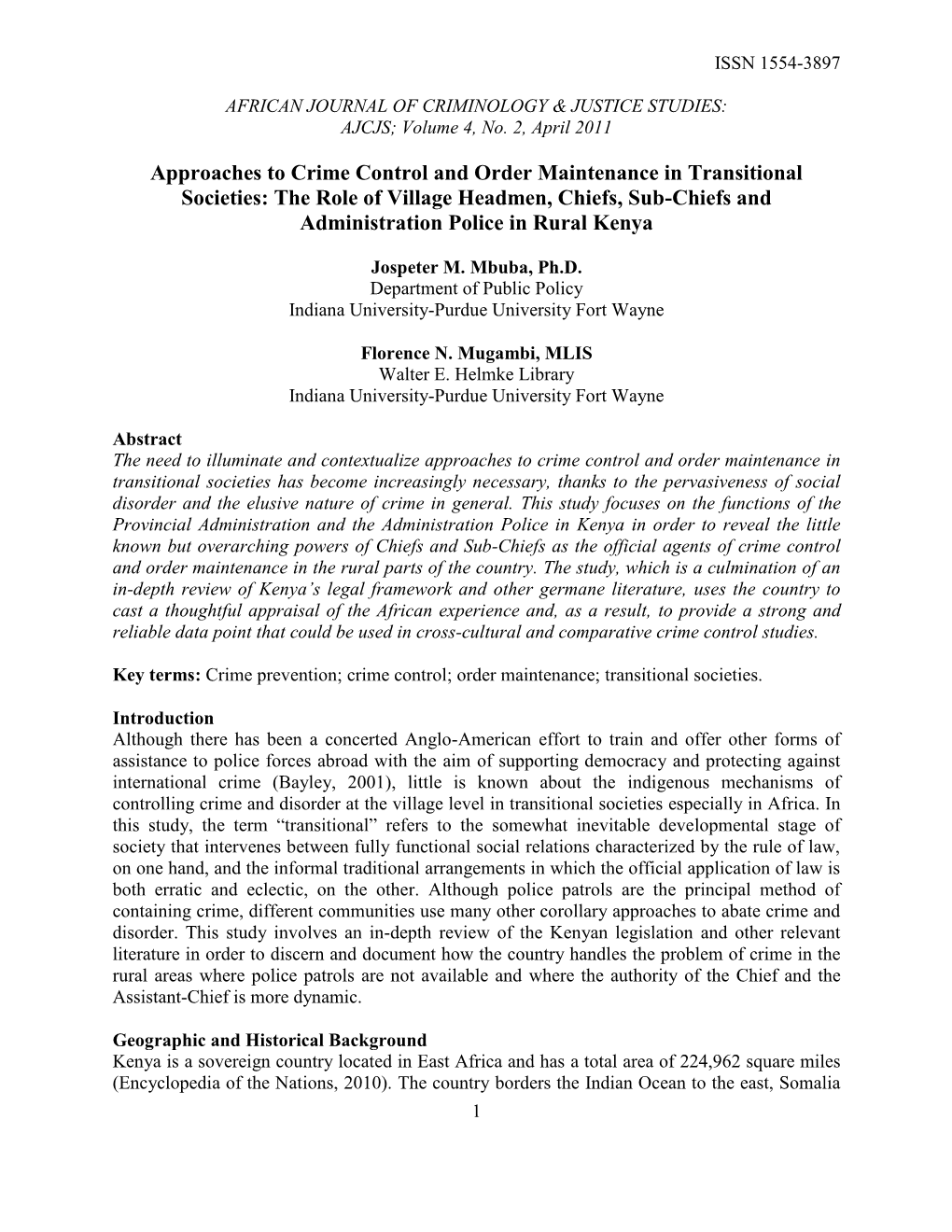 The Role of Village Headmen, Chiefs, Sub-Chiefs and Administration Police in Rural Kenya