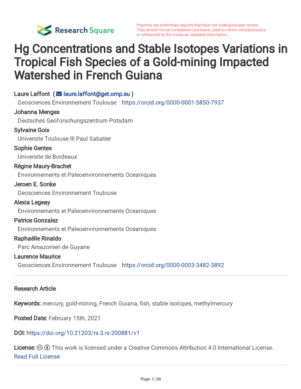 Hg Concentrations and Stable Isotopes Variations in Tropical Fish Species of a Gold-Mining Impacted Watershed in French Guiana