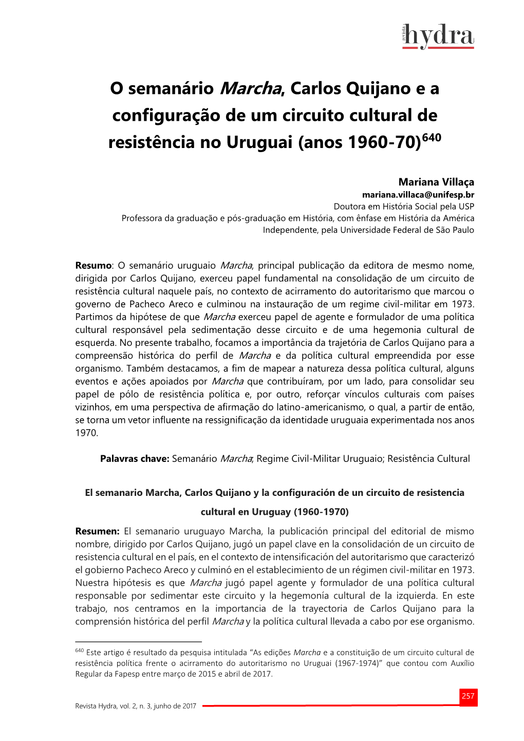 O Semanário Marcha, Carlos Quijano E a Configuração De Um Circuito Cultural De Resistência No Uruguai (Anos 1960-70)640