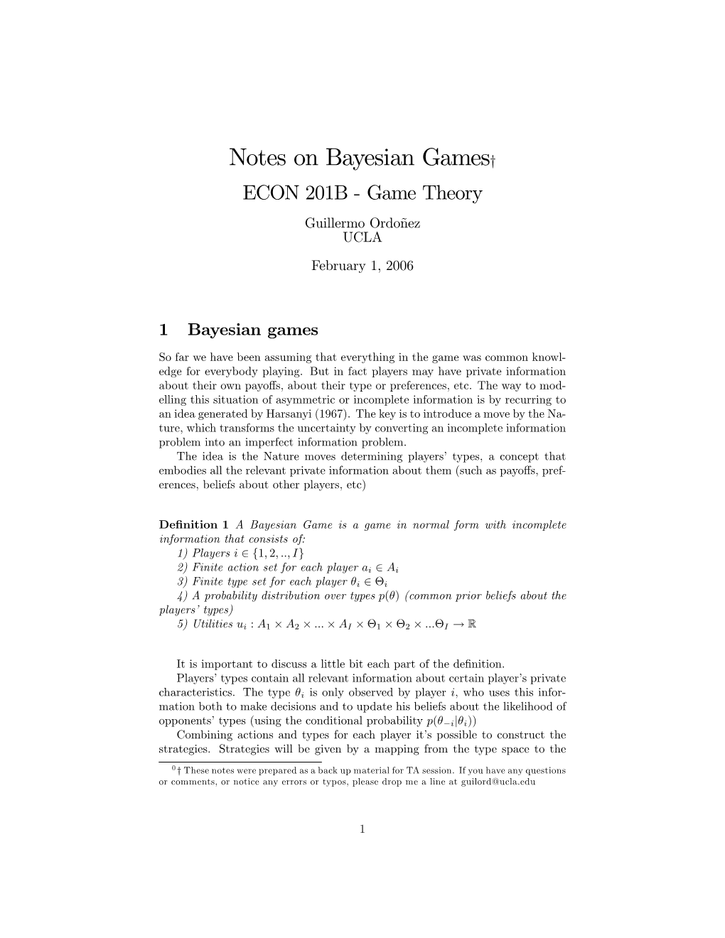 Notes on Bayesian Games*