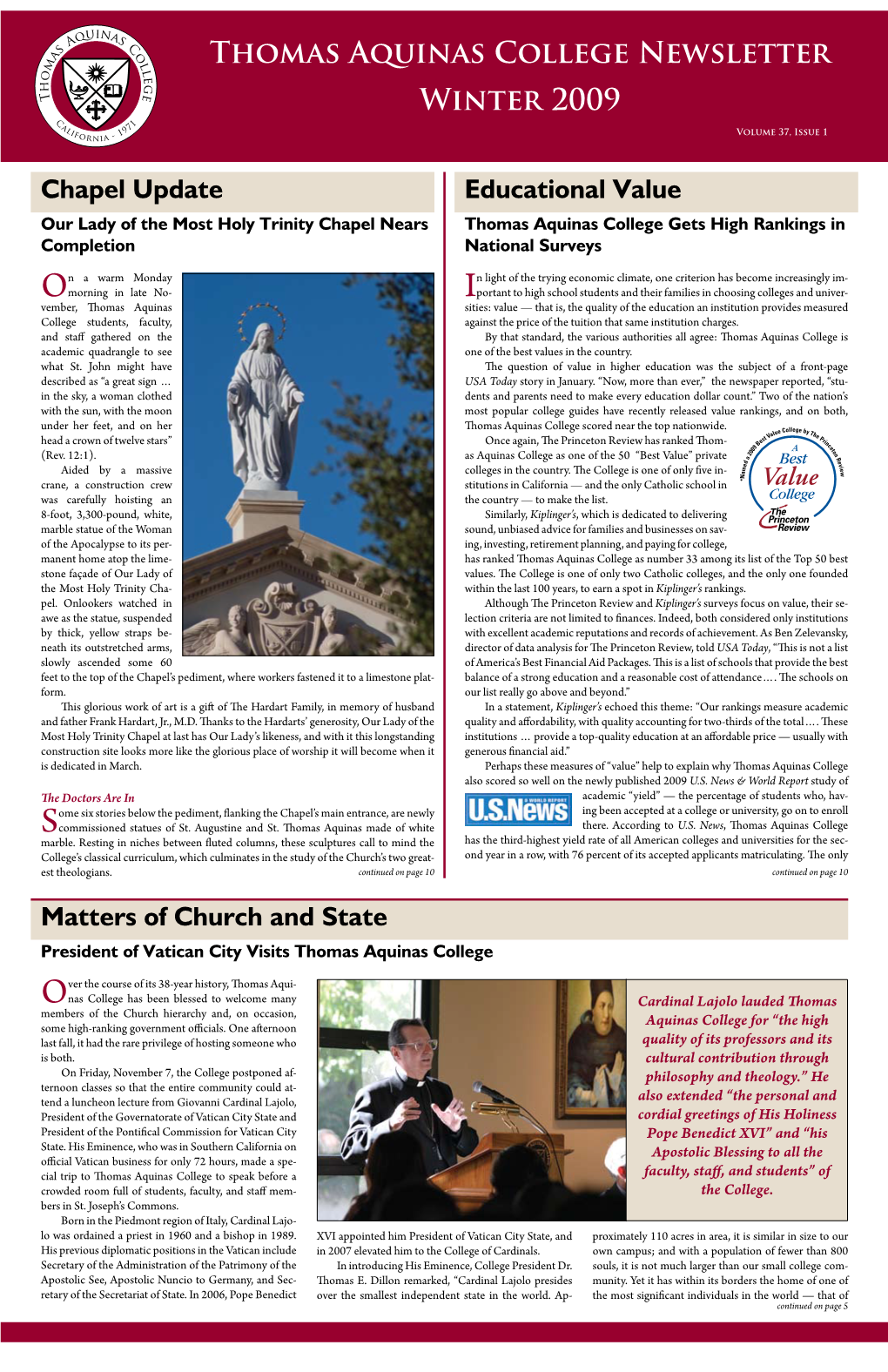 Thomas Aquinas College Newsletter Winter 2009