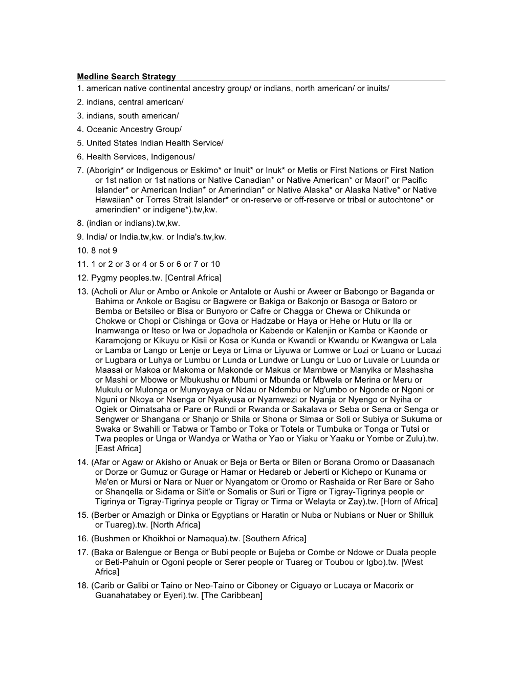 Medline Search Strategy 1. American Native Continental Ancestry Group/ Or Indians, North American/ Or Inuits/ 2. Indians, Centra