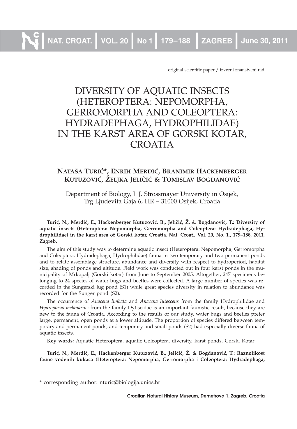 Diversity of Aquatic Insects (Heteroptera: Nepomorpha, Gerromorpha and Coleoptera: Hydradephaga, Hydrophilidae) in the Karst Area of Gorski Kotar, Croatia