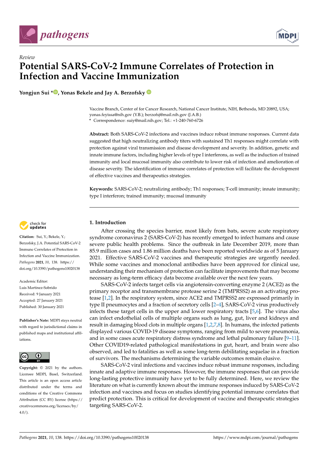 Potential SARS-Cov-2 Immune Correlates of Protection in Infection and Vaccine Immunization