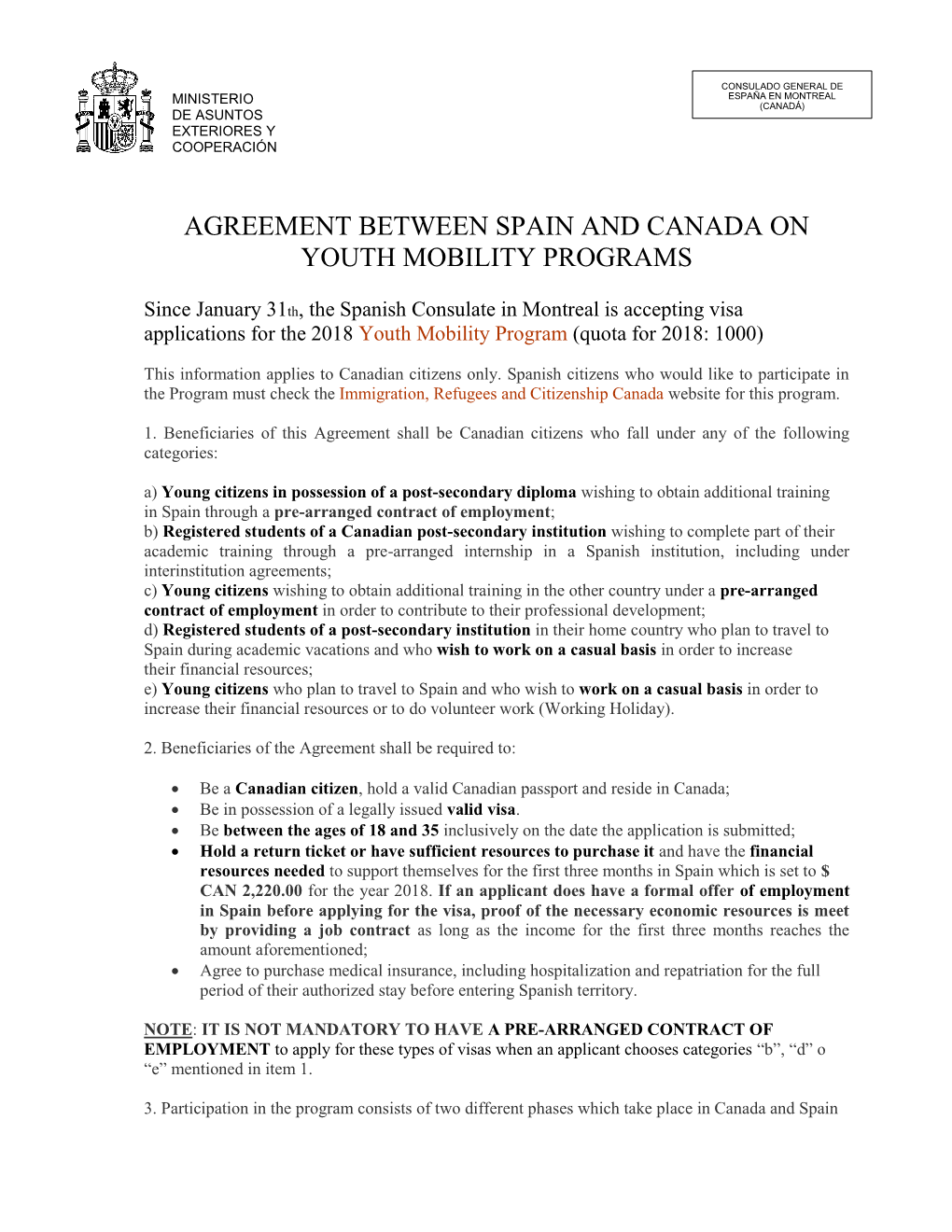 Agreement Between Spain and Canada on Youth Mobility Programs