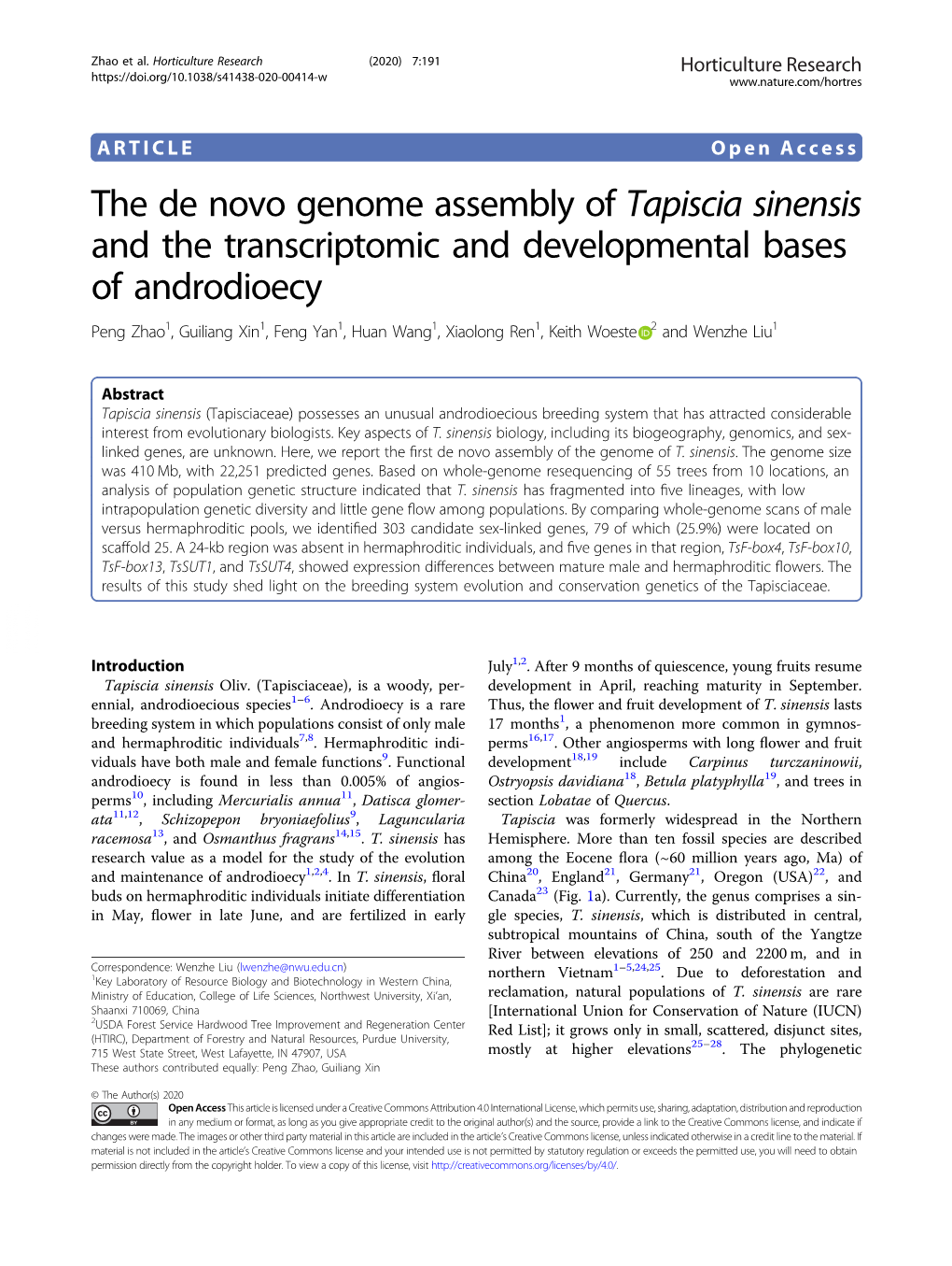 The De Novo Genome Assembly of Tapiscia Sinensis and the Transcriptomic and Developmental Bases of Androdioecy