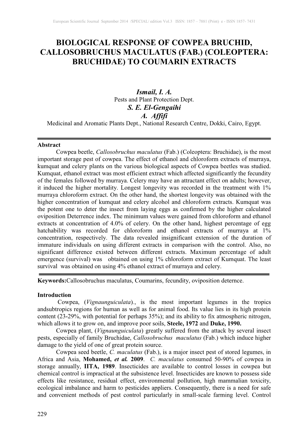 Biological Response of Cowpea Bruchid, Callosobruchus Maculatus (Fab.) (Coleoptera: Bruchidae) to Coumarin Extracts