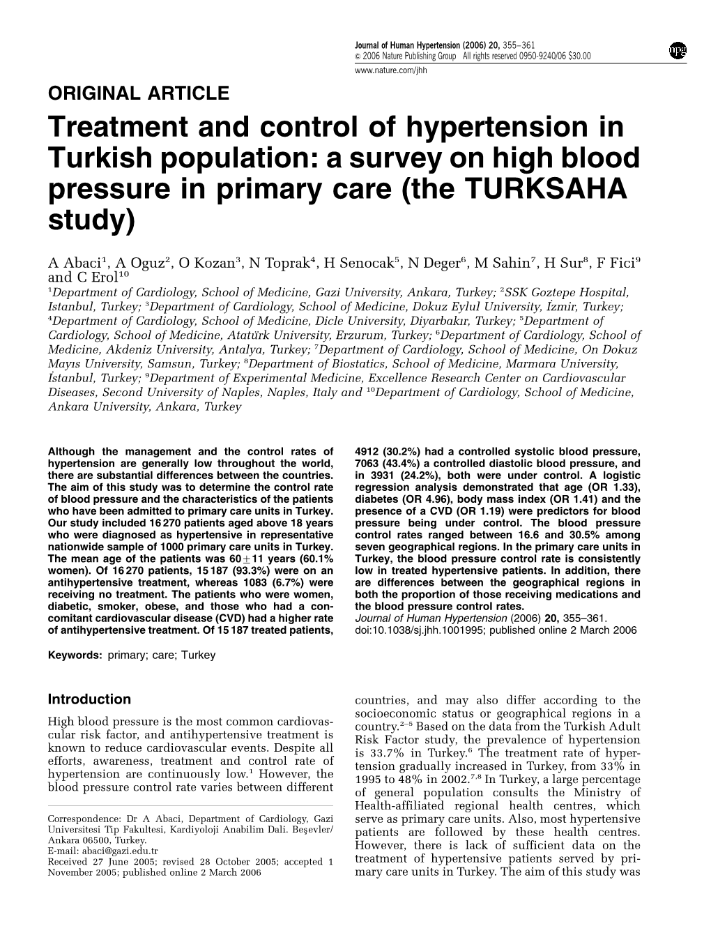 A Survey on High Blood Pressure in Primary Care (The TURKSAHA Study)