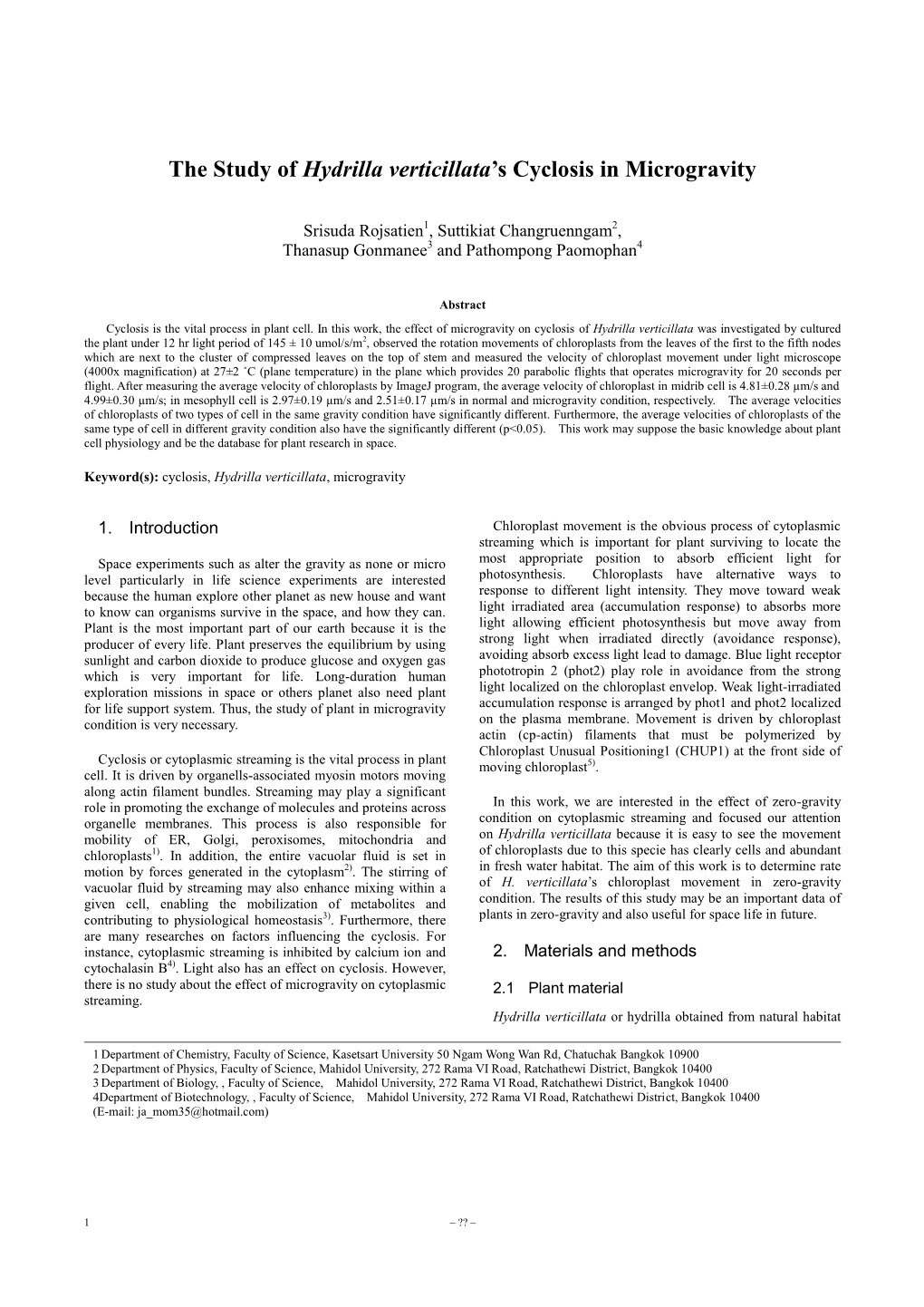 The Study of Hydrilla Verticillata's Cyclosis in Microgravity